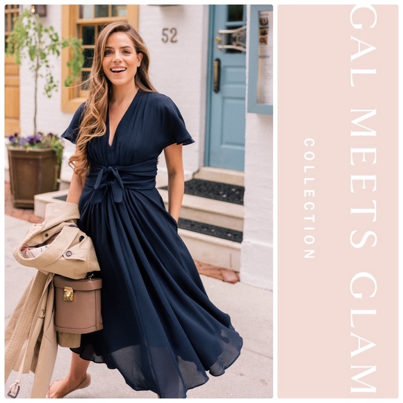 Gal Meets Glam Dresses & Skirts - Gal Meets Glam Jane Tie Waist Midi Dress - Navy